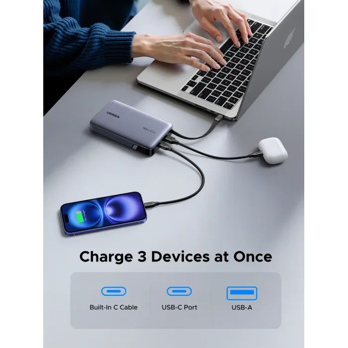 Батарея универсальная Ugreen 20000mAh 145W with Built-in Cable (PB551 55992B) изображение 5