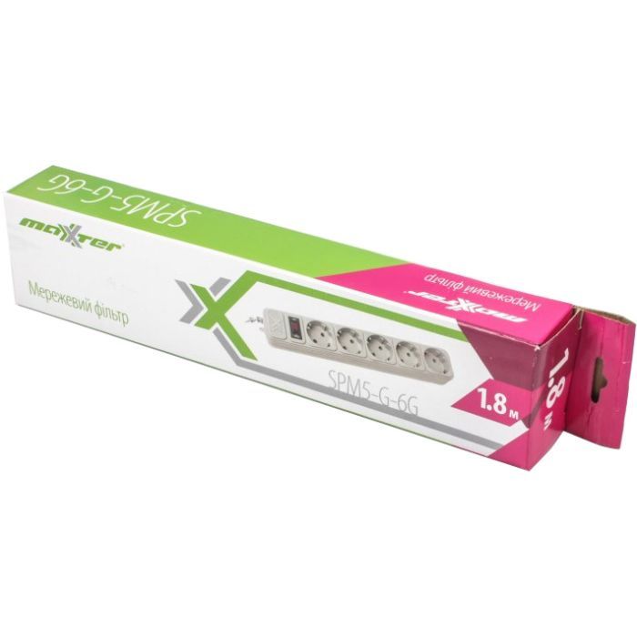 Сетевой фильтр питания Maxxter SPM5-G-6G серый 1,8 м кабель, 5 розеток (SPM5-G-6G) изображение 2