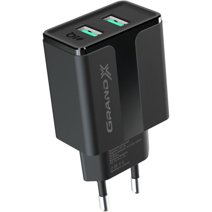 Зарядное устройство Grand-X 5V 2.1A USB Black (CH-15B) изображение 2