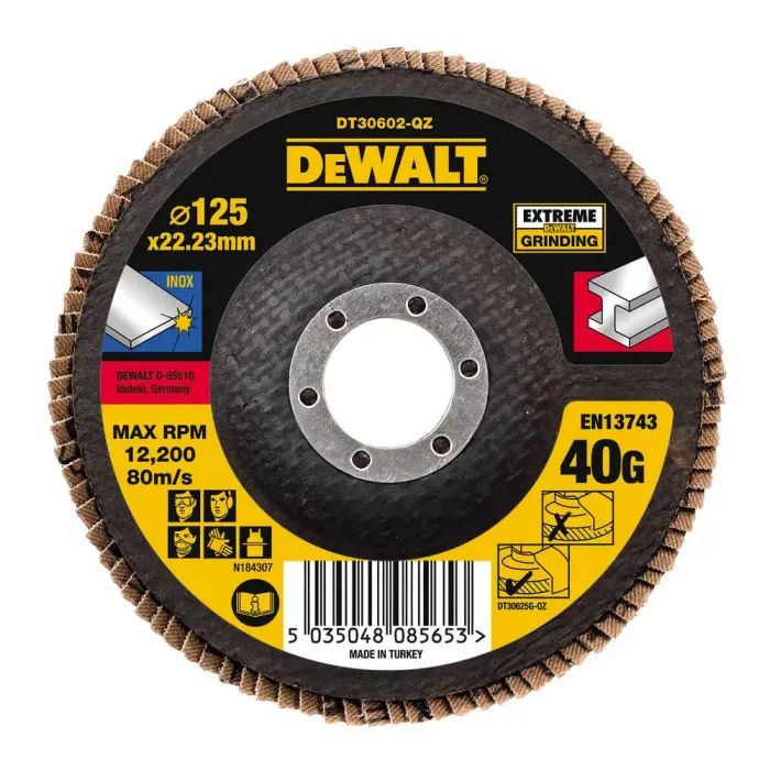Круг зачистной DeWALT лепестковый INOX Extreme, металл, 125x22.23 мм, G 80 мкм (DT30622)
