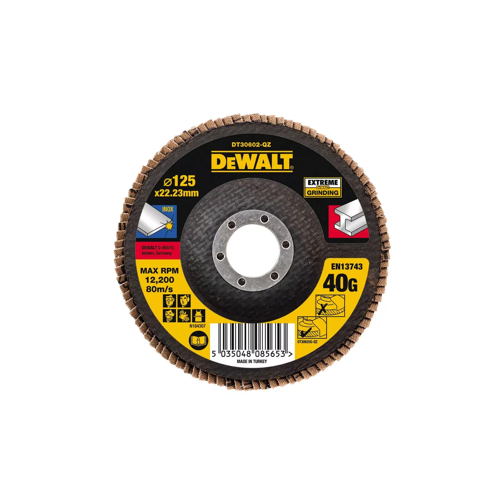 Круг зачистной DeWALT лепестковый INOX Extreme, металл, 125x22.23 мм, G 40 мкм (DT30602)