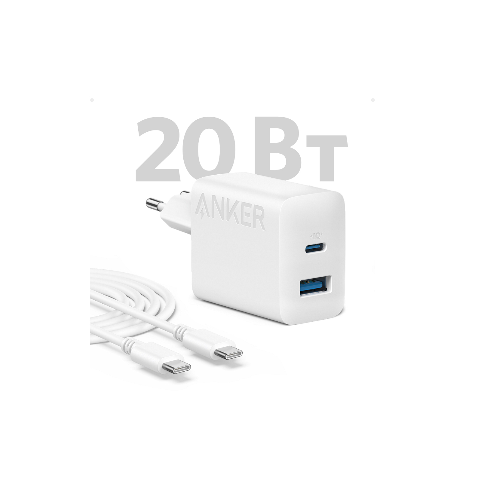 Зарядное устройство Anker PowerPort 312 - 20W USB-C USB-A + USB-C cable White (B2348G21) изображение 2