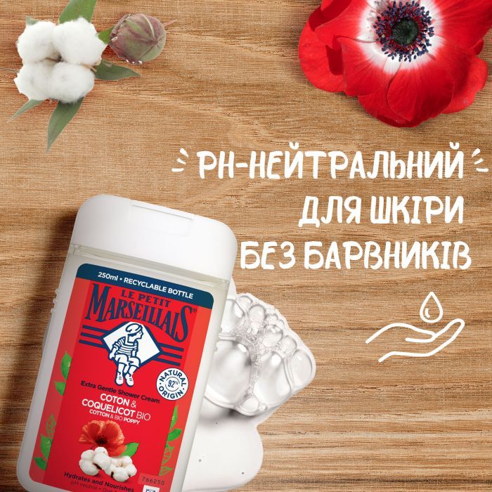 Гель для душа Le Petit Marseillais БИО Хлопок и Мак 250 мл (3574661577593) изображение 4