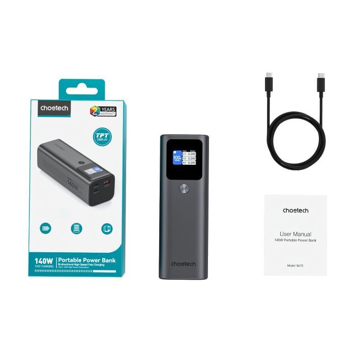 Батарея універсальна Choetech 27000mAh, PD/140W in/out, 2*USB-C/PD5.0, QC3.0/22W, TFT Display (B670-CCGY) зображення 4