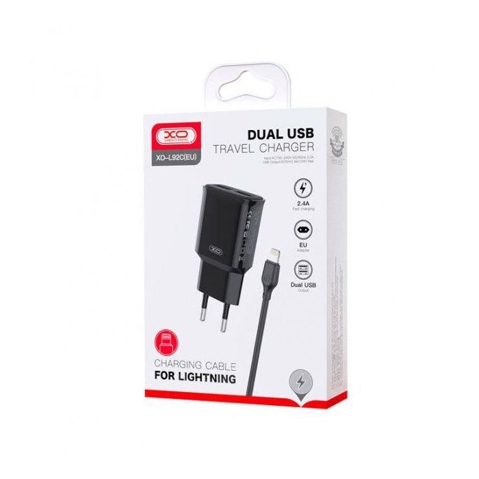 Зарядное устройство XO L92C (2USB/2.4A) + USB - Lightning Чорний (XO-L92C-L) изображение 2
