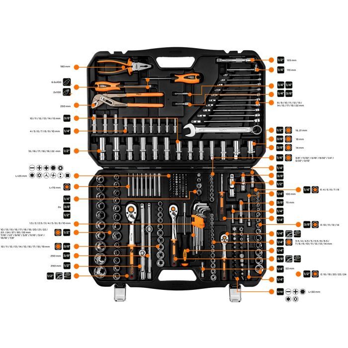 Набор инструментов Neo Tools 233шт, 1/2", 1/4", 3/8", CrV, кейс (10-078) изображение 2