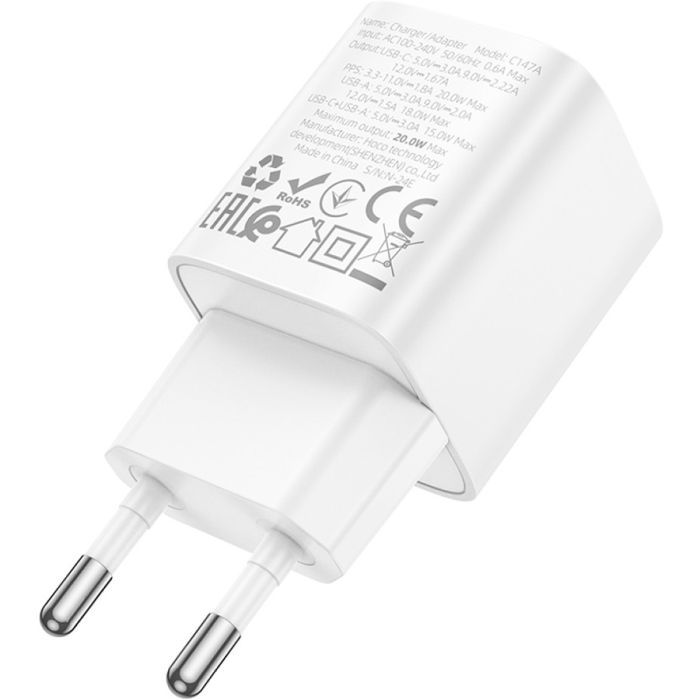 Зарядний пристрій HOCO C147A Charm 1xUSB-C PD20W + 1xUSB QC3.0 White (6942007630276) зображення 6