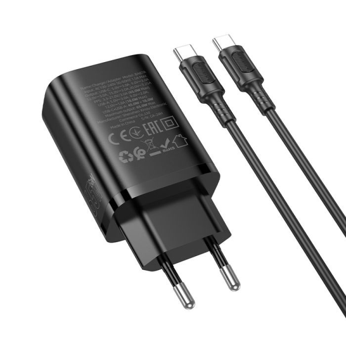 Зарядний пристрій BOROFONE BA87A 1xUSB-C PD65W + 1xUSB QC3.0 Black (BA87A/65WB) зображення 3