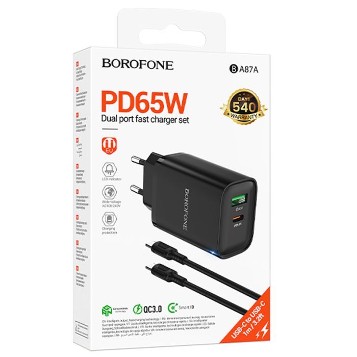 Зарядний пристрій BOROFONE BA87A 1xUSB-C PD65W + 1xUSB QC3.0 Black (BA87A/65WB) зображення 4