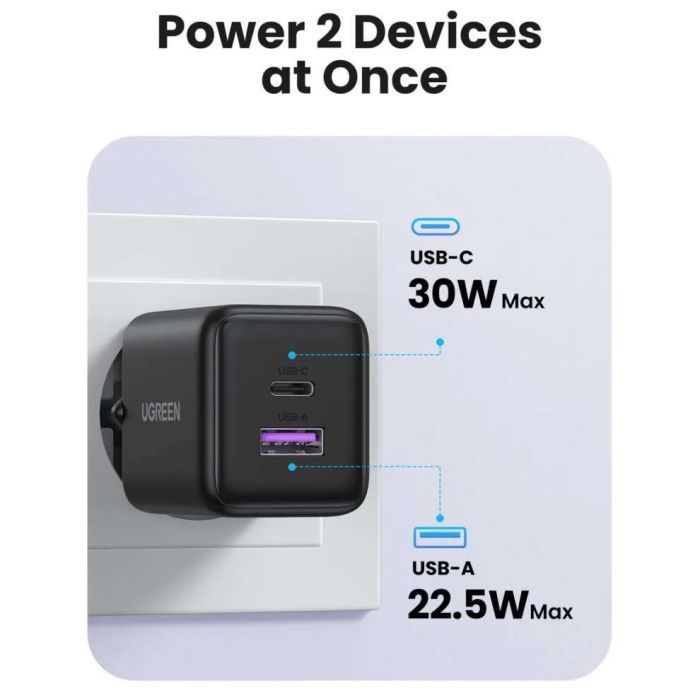 Зарядное устройство UGREEN USB + USB-C GaN 30W X516 black (65014) изображение 2