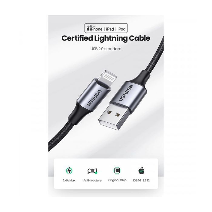 Дата кабель USB 2.0 AM to Lightning 1.0m 2.4A US199 black UGREEN (60156) изображение 3