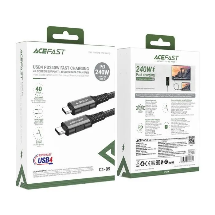 Дата кабель USB-C to USB-C 1.0m USB 4.0 240W audio/video black-grey Acefast (6974316282631) изображение 3