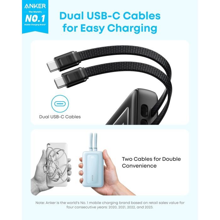Батарея универсальная Anker 20000mAh 45W Built-In Dual USB-C Cables Black (A1681H12) изображение 2