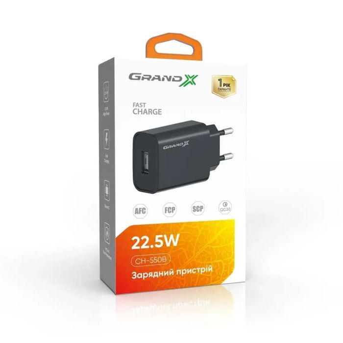 Зарядний пристрій Grand-X Quick Charge QС3.0 3.6V-6.5V 3A, 6.5V-9V 2A, 9V-12V 1.5A USB (CH-550B) зображення 2