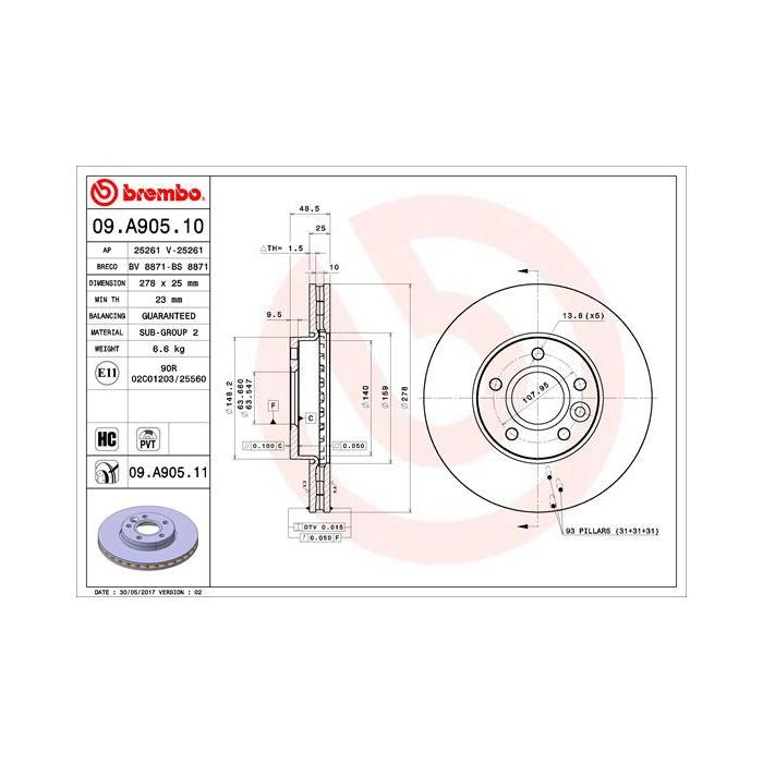 Гальмівний диск Brembo 09.A905.10