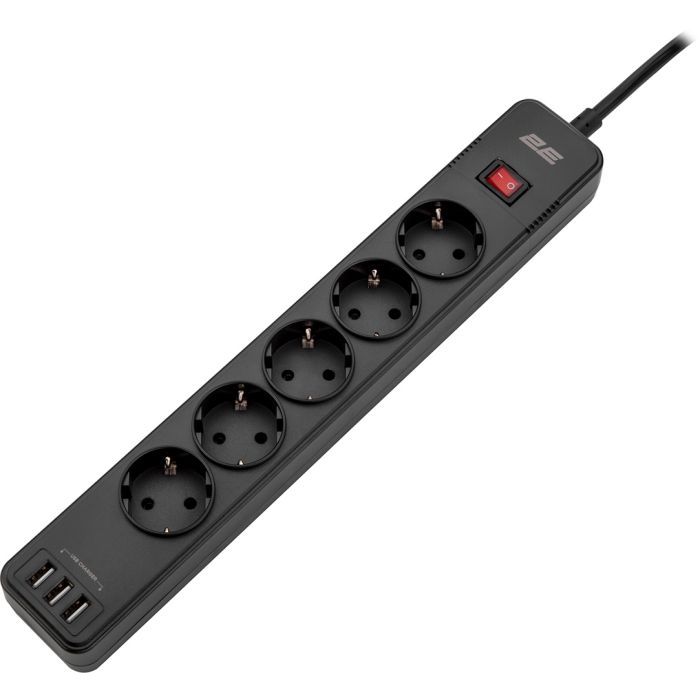 Сетевой фильтр питания 2E 5XSchuko, 3G*1.5мм, 3*USB-A, 2м, black (2E-SP515M2USBBK) изображение 3