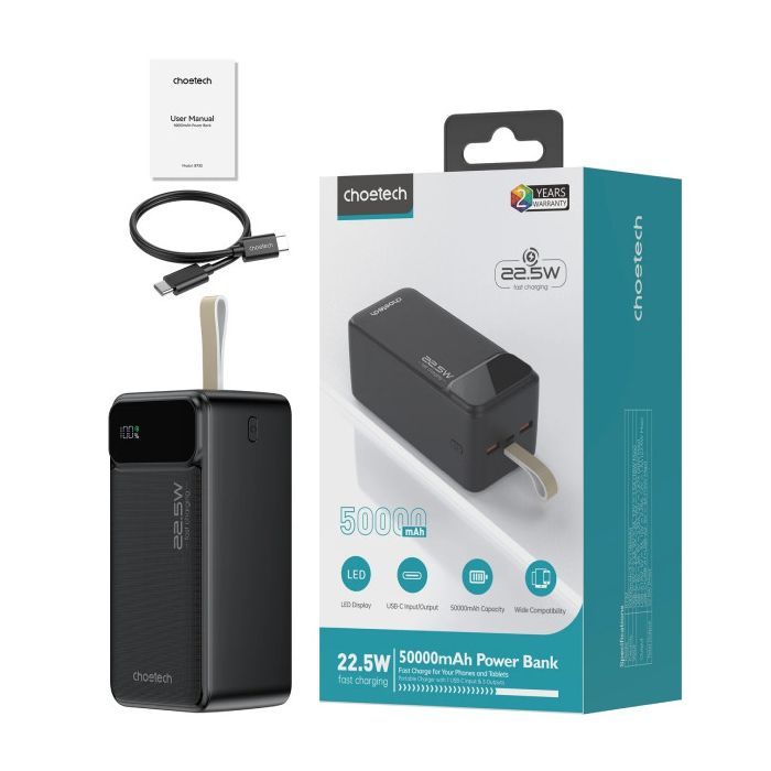 Батарея універсальна Choetech 50000mAh, PD QC/3.0/22.5W, USB-C In/out, 2*USB-A (B732-ACBK) зображення 3