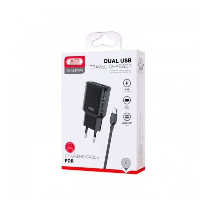 Зарядное устройство XO L92C (2USB/2.4A) + USB - MicroUSB Чорний (XO-L92C-M) изображение 2