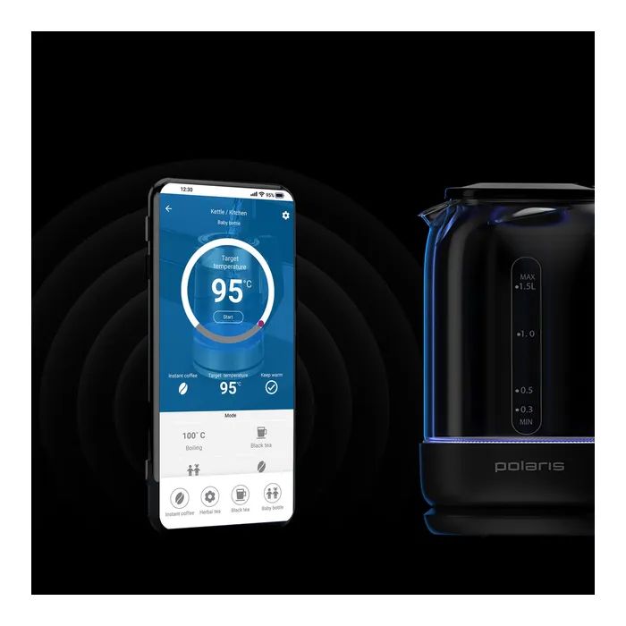 Електрочайник Polaris PWK 17107CGLD WIFI IQ Home Чорний зображення 11