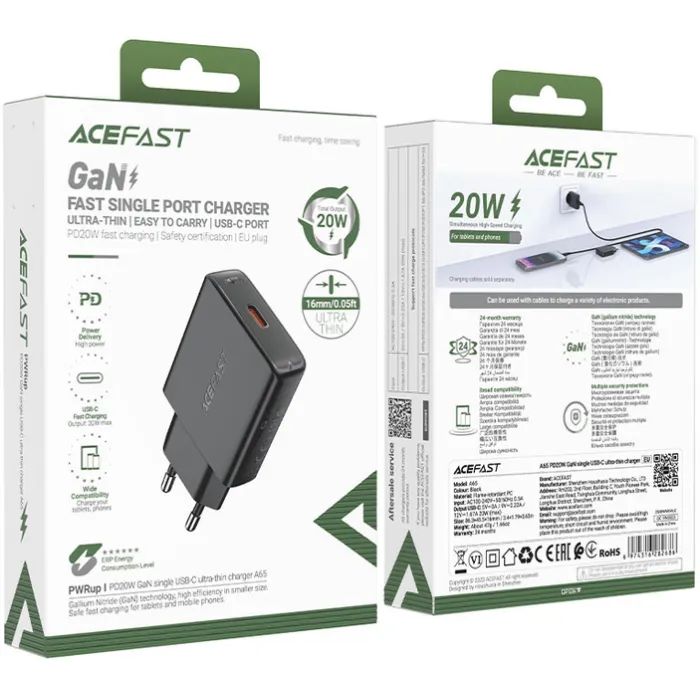 Зарядний пристрій Acefast A65 USB-C PD20W GaN ultra-thin Black (6974316282686) зображення 6