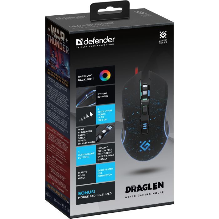 Мышка Defender Draglen GM-907 RGB USB Black (52907) изображение 3 Мышка Defender Draglen GM-907 RGB USB Black (52907) изображение 3