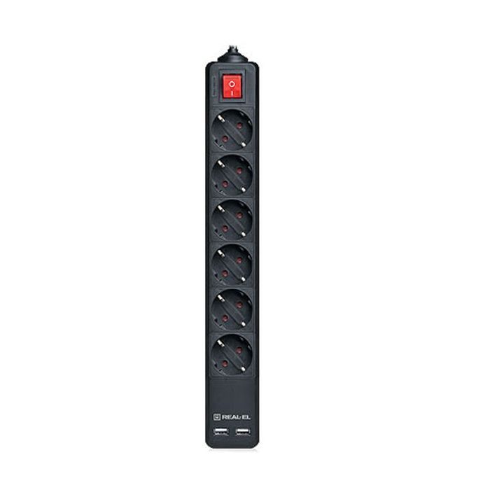Мережевий фільтр живлення REAL-EL REAL-EL RS-6 PROTECT USB, 3m, black (EL122300017)
