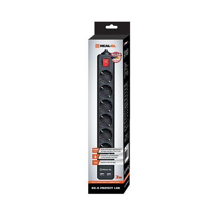Мережевий фільтр живлення REAL-EL REAL-EL RS-6 PROTECT USB, 3m, black (EL122300017) зображення 2