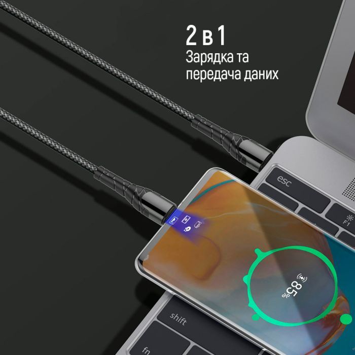 Дата кабель USB-C to USB-C 2.0m PD Fast Charging 65W 3A grey ColorWay (CW-CBPDCC039-GR) зображення 4