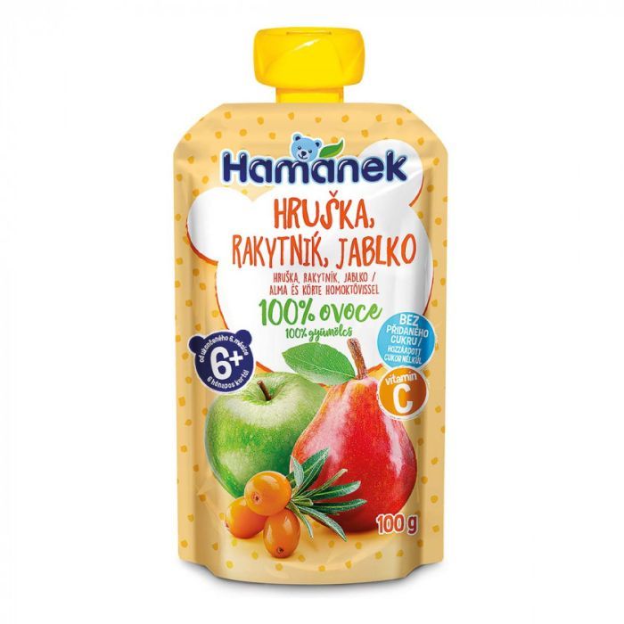 Детское пюре Hamanek Pouch Яблоко с грушей и облепихой, 100 г (8595139797195)