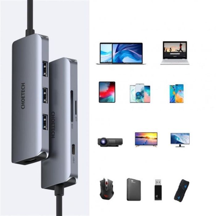 Концентратор Choetech USB-C 7-in-1 (HDMI/PD/CR/USB-A/USB-C) alum (HUB-M19-GY) зображення 3