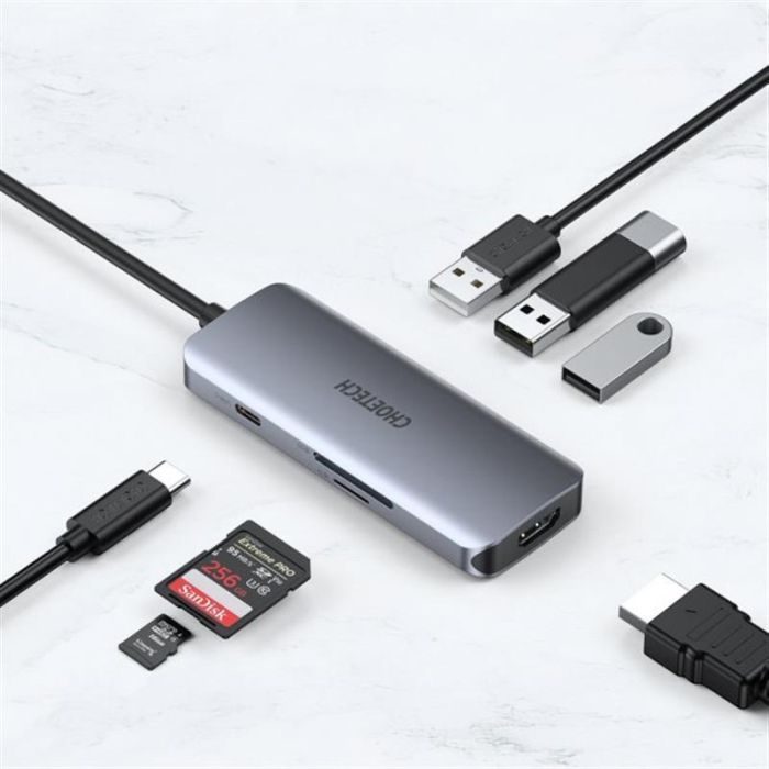 Концентратор Choetech USB-C 7-in-1 (HDMI/PD/CR/USB-A/USB-C) alum (HUB-M19-GY) зображення 4