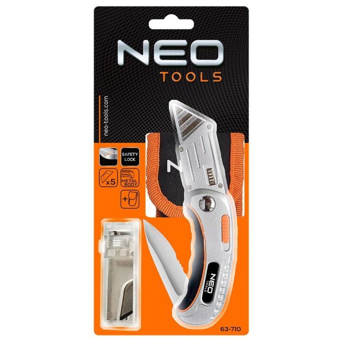 Ніж монтажний Neo Tools складаний, 2 наконечники, 5 трапецієподібних лез у наборі, чохол (63-710) зображення 6
