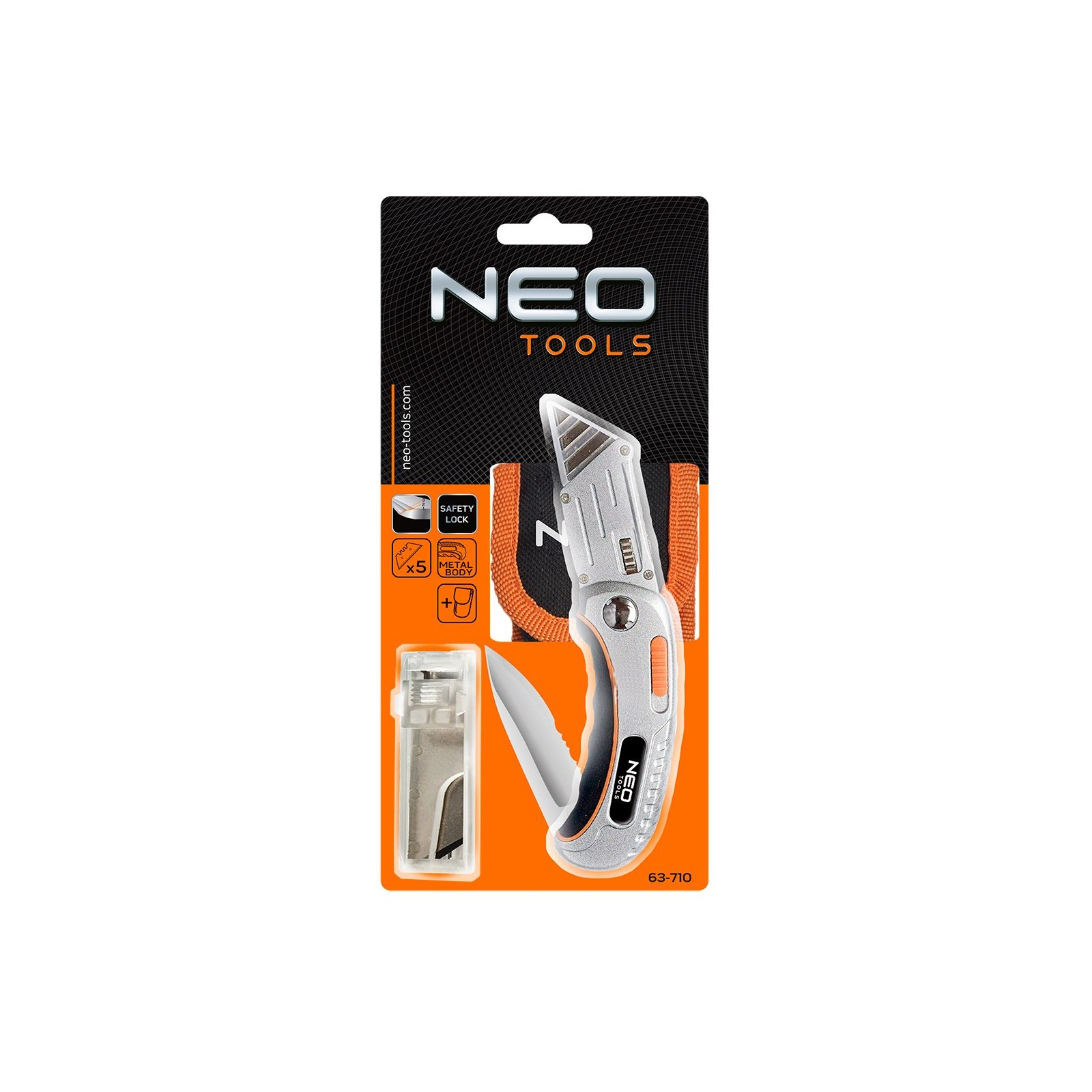 Ніж монтажний Neo Tools складаний, 2 наконечники, 5 трапецієподібних лез у наборі, чохол (63-710) зображення 6