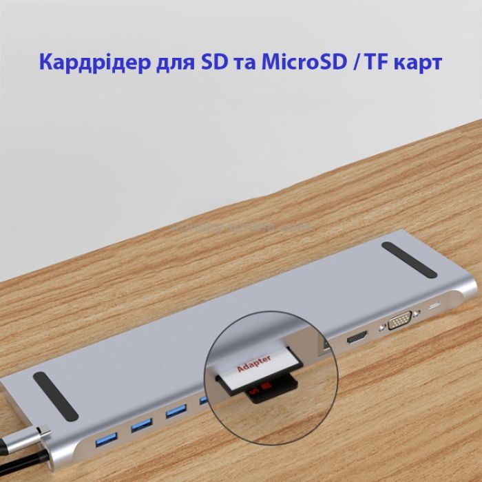 Порт-репликатор Dynamode 11-in-1 USB-C to HDTV 4K/30Hz, VGA, 1хUSB3.0, RJ45, Type-C PD, Audio, SD/MicroSD (BYL-2003) изображение 7