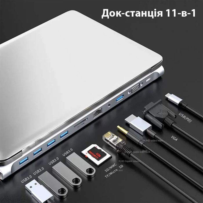 Порт-репликатор Dynamode 11-in-1 USB-C to HDTV 4K/30Hz, VGA, 1хUSB3.0, RJ45, Type-C PD, Audio, SD/MicroSD (BYL-2003) изображение 8