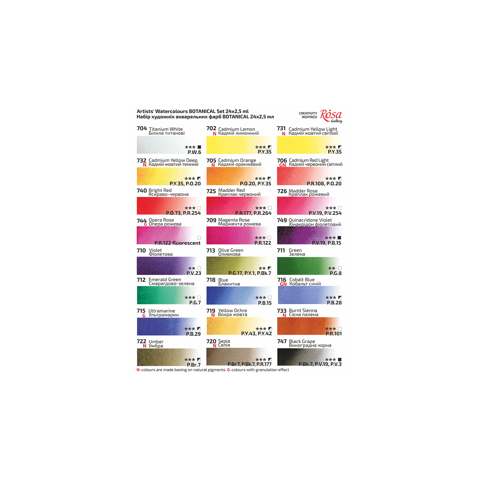 Акварельные краски Rosa Gallery Bontanical, 24 цвета по 2,5 мл (4823098541134) изображение 2
