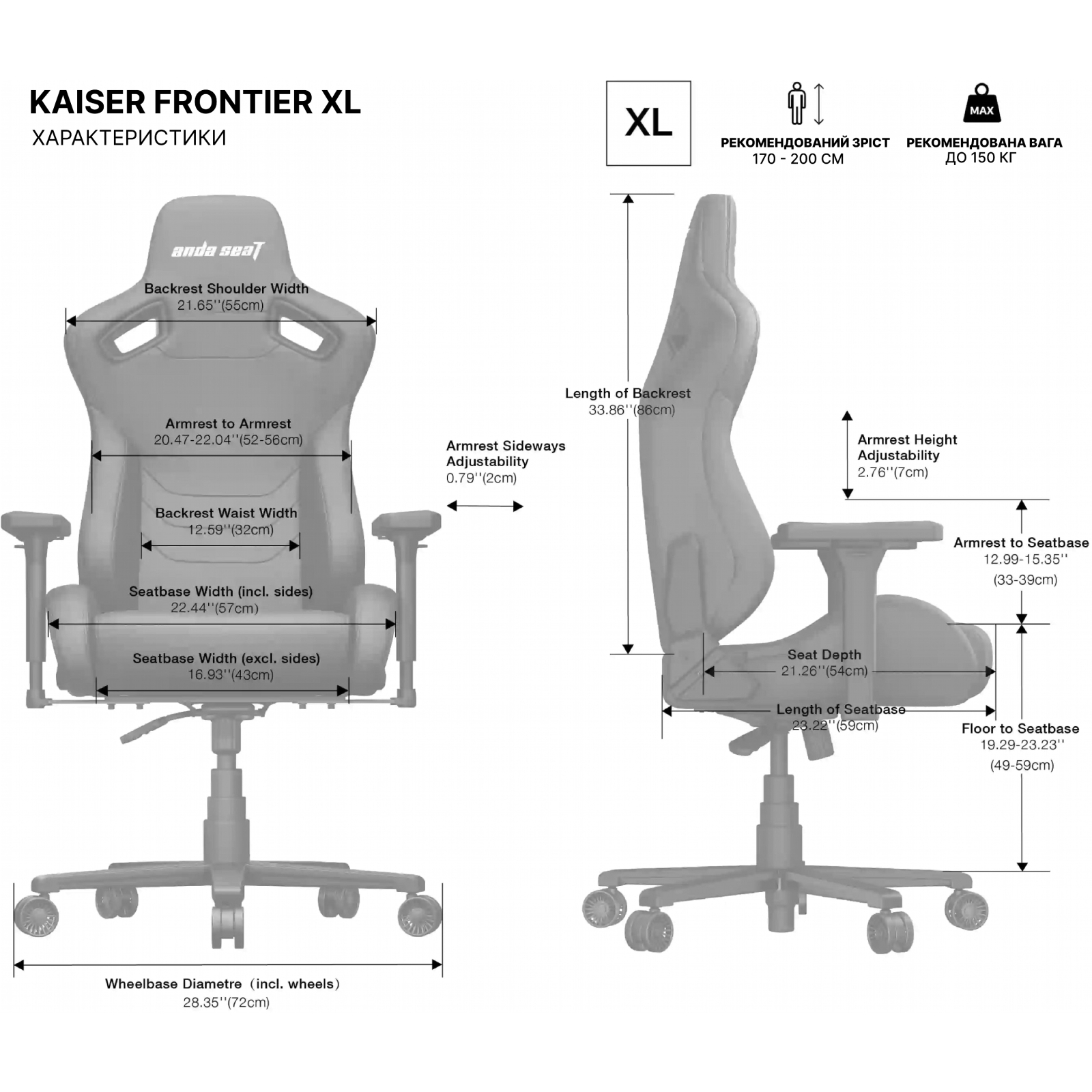 Крісло ігрове Anda Seat Kaiser Frontier XL Grey Linen Fabric (AD12YXL-17-G-F) зображення 12