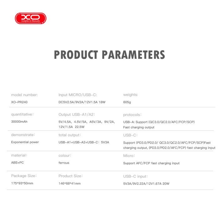 Батарея универсальная XO 30000mAh, PD/20W, QC/22.5W, with light, black (PR240_Black) изображение 3