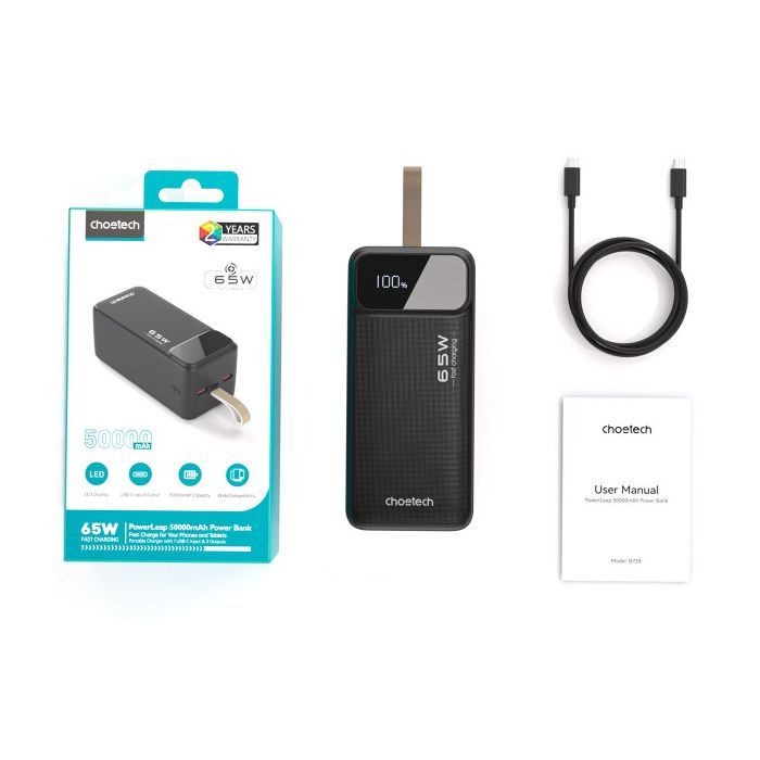 Батарея универсальная Choetech 50000mAh, PD/65W, QC/3.0, USB-C In/out, 2*USB-A (B733-CCBK) изображение 4