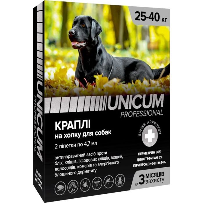 Краплі для тварин Unicum Pro від бліх, вошей, волосоїдів, комарів, москітів, іксодових кліщів для собак 25-40 кг/2 шт (4820150206543)