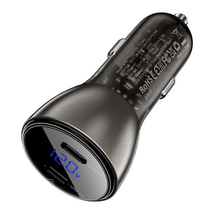 Зарядний пристрій Acefast B10 Car Charger 2xUSB-C 60W with digital display Metal Black (6974316282358) зображення 2