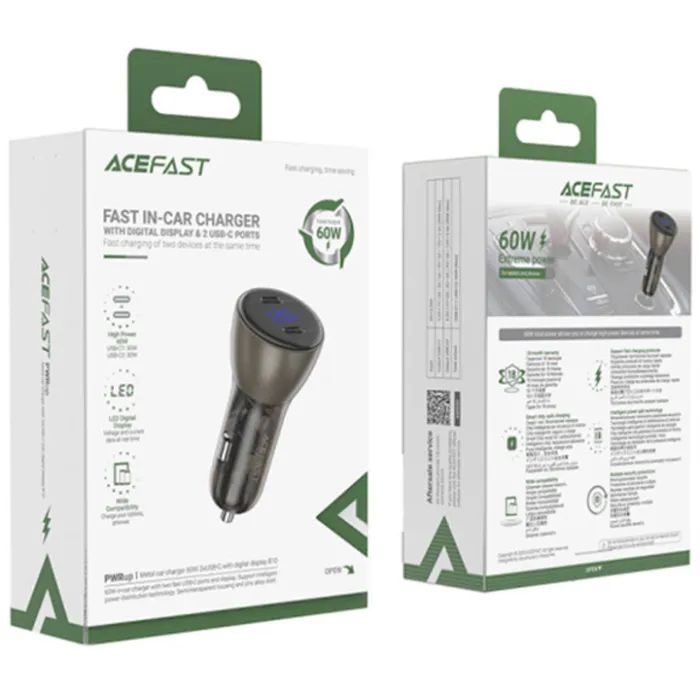 Зарядний пристрій Acefast B10 Car Charger 2xUSB-C 60W with digital display Metal Black (6974316282358) зображення 4