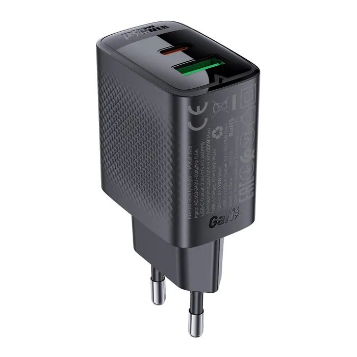 Зарядний пристрій Acefast A78 1xUSB-C PD20W + 1xUSB-A GaN Black (6974316283256)