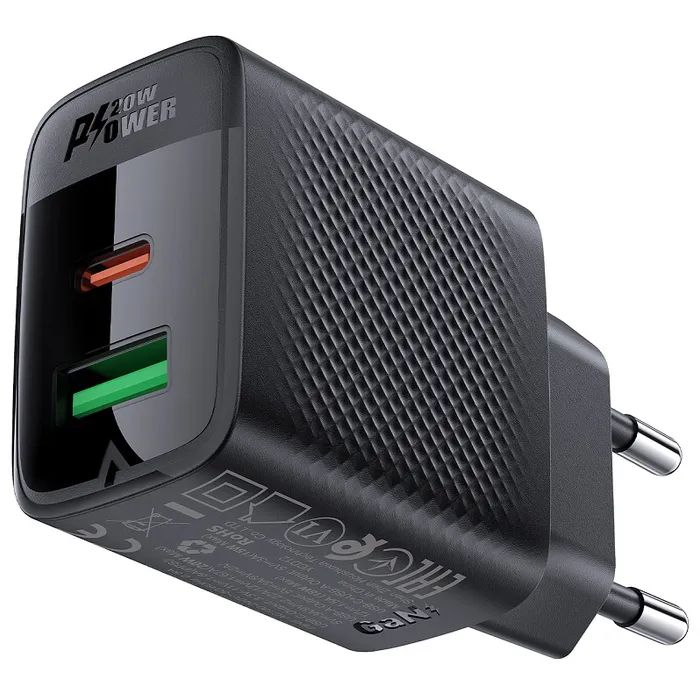 Зарядний пристрій Acefast A78 1xUSB-C PD20W + 1xUSB-A GaN Black (6974316283256) зображення 2