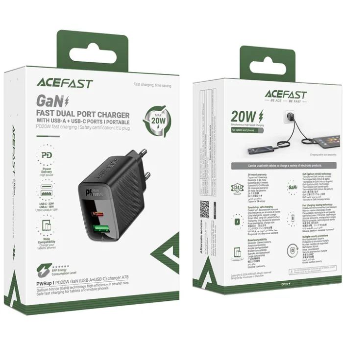 Зарядний пристрій Acefast A78 1xUSB-C PD20W + 1xUSB-A GaN Black (6974316283256) зображення 7