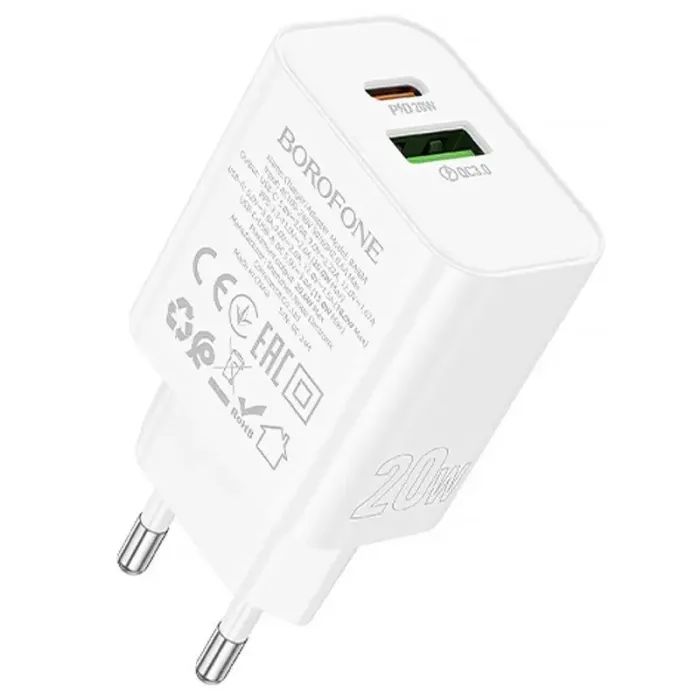 Зарядний пристрій BOROFONE BA88A 1xUSB-C PD20W + 1xUSB QC3.0 White (BA88A/20WW)
