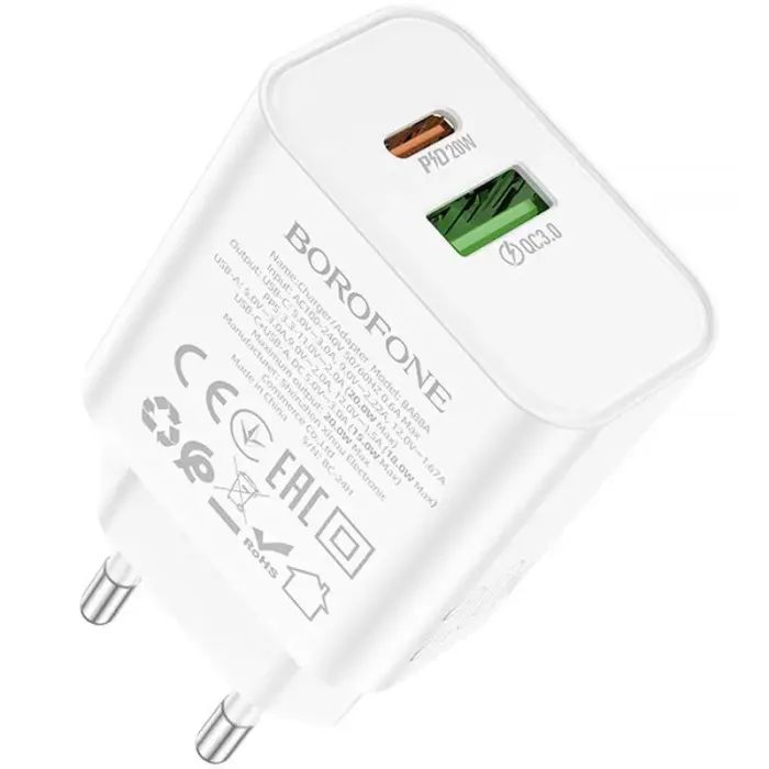 Зарядний пристрій BOROFONE BA88A 1xUSB-C PD20W + 1xUSB QC3.0 White (BA88A/20WW) зображення 3