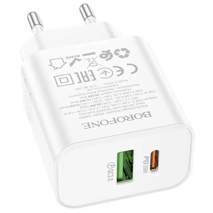 Зарядний пристрій BOROFONE BA88A 1xUSB-C PD20W + 1xUSB QC3.0 White (BA88A/20WW) зображення 4