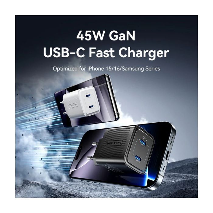 Зарядний пристрій Vention 2xUSB-C PD45W GaN white (FEFW0-EU) зображення 2
