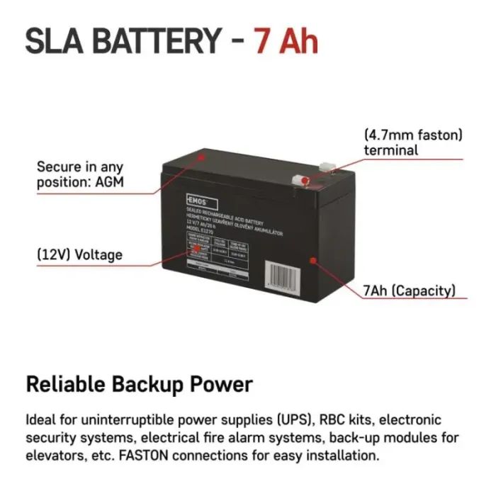 Батарея к ИБП EMOS B9691 AGM 12V 7Ah fast 4,7mm (B9691) изображение 3